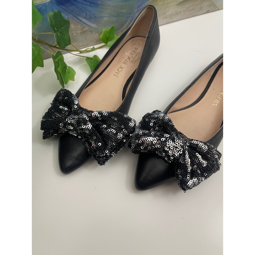Jack Rogers Debra Black Leather Point Toe Sequin Bow Ballet Flats in Black 6.5 - Picture 7 of 13